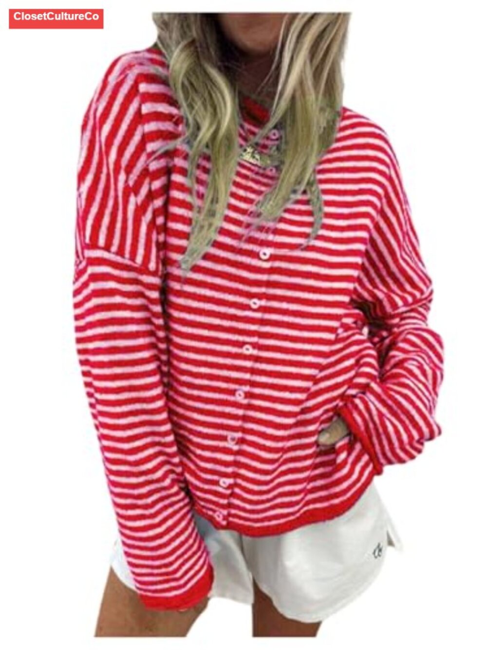 Striped Button Down Long Sleeve Rib Knit Loose Cardigan Sweater